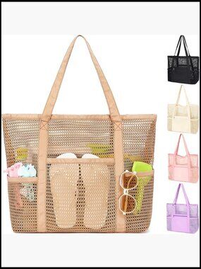 Mesh Beach Bag Tote Hobo Pool Bag with Zipper Pocket Summer Travel Vacation